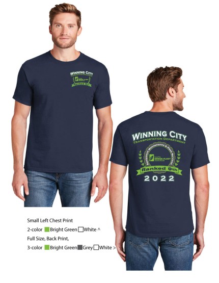 Simplified 2-color front print with larger more involved 3-color back print.
