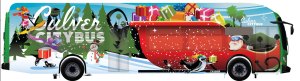 2023 Holiday Bus Graphic, with Santa at the wheel and a sleigh full of gifts for the kids.